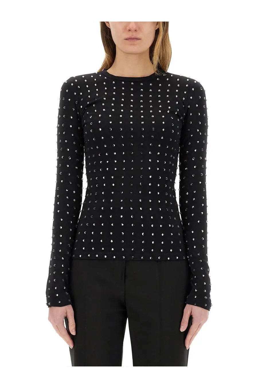Sportmax women’s negus black long-sleeved top with fitted silhouette and scattered silver studs across fabric