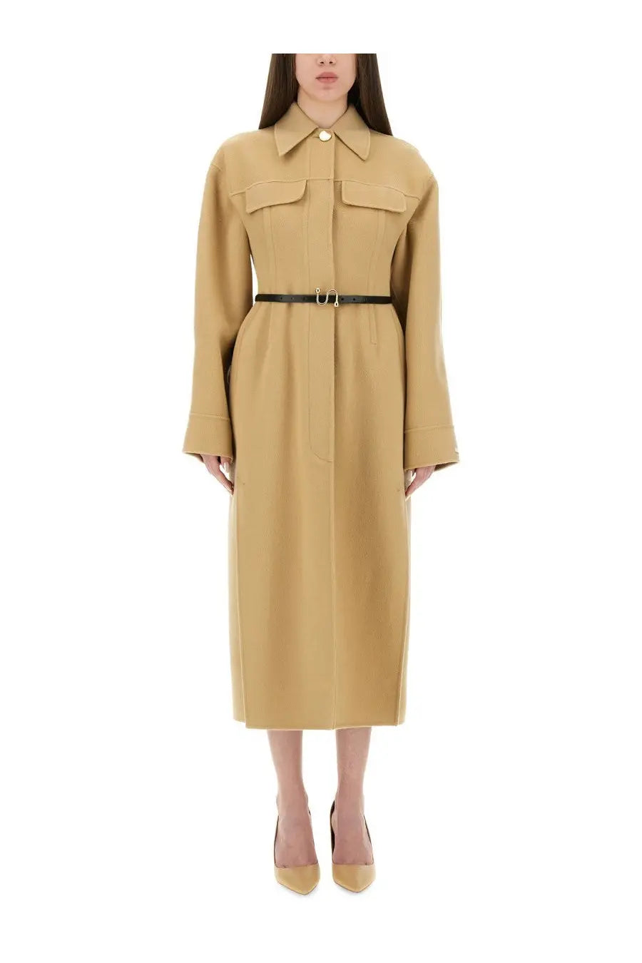 Sportmax women’s beige oil trench coat with collar, two front pockets, and black belt for stylish outerwear