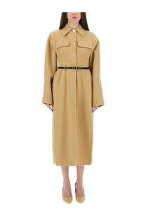 Sportmax women’s beige oil trench coat with collar, two front pockets, and black belt for stylish outerwear