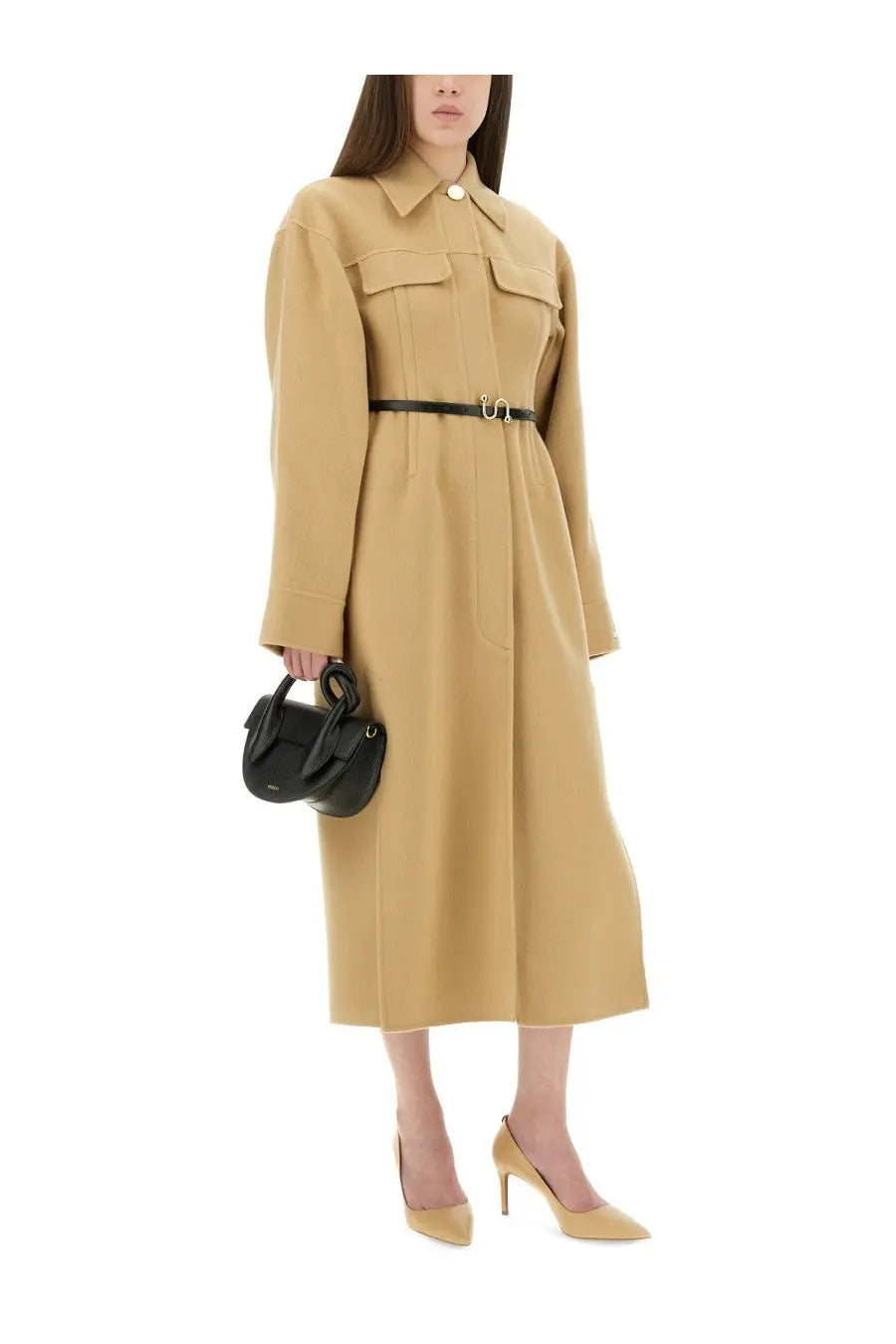 Sportmax women’s oil coat beige trench coat with collar two front pockets and black belt in lightweight fabric