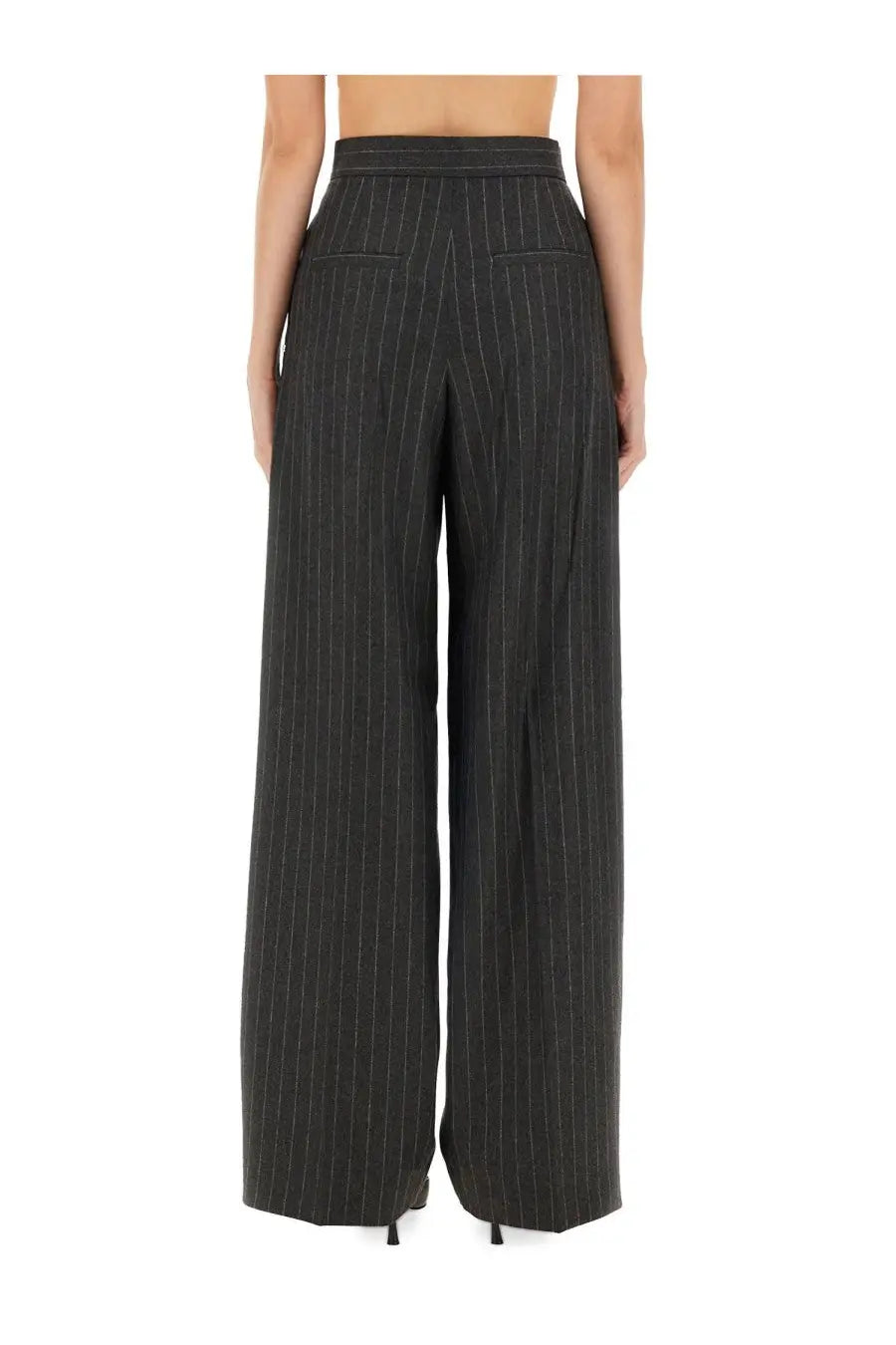 Back view of sportmax women’s grey pinstripe wide-leg trousers with high waist and two back pockets