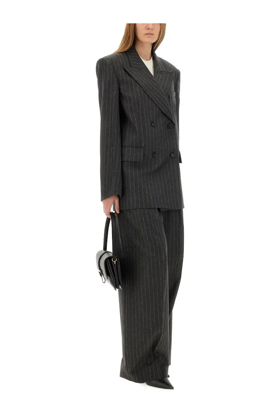 A sleek black pinstripe double-breasted blazer with structured silhouette and classic lapel design from Sportmax