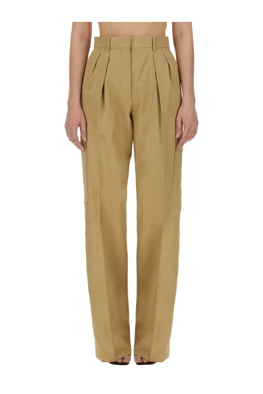 Sportmax women’s khaki high-waisted jacopo pants with front pleats and side cargo pockets in beige