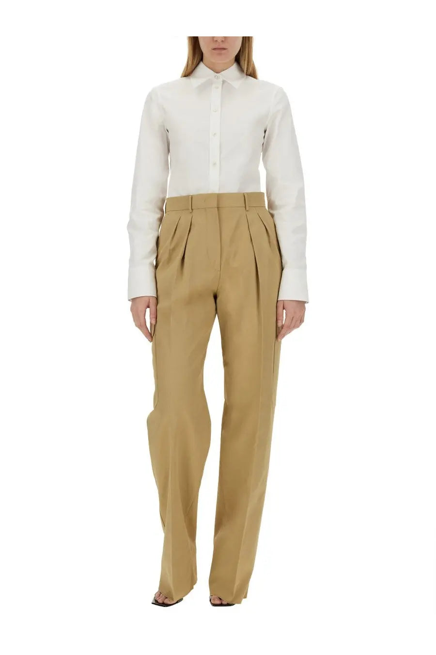 Sportmax women’s high-waisted khaki pleated pants jacopo beige with straight-leg cut in a soft fabric