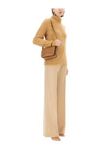 Tan leather crossbody bag with structured rectangular shape and visible stitching paired with sportmax women’s oxalis beige pants