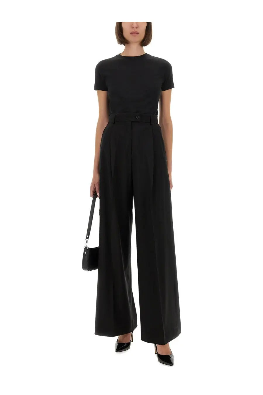 Sportmax women’s black high-waisted wide-leg trousers with structured fit and belt detail in sail fabric