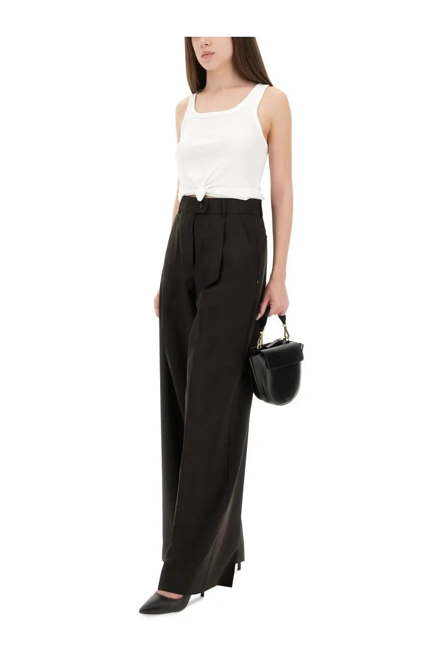 Black structured mini handbag with top handle and metallic hardware paired with sportmax womens sail brown pants