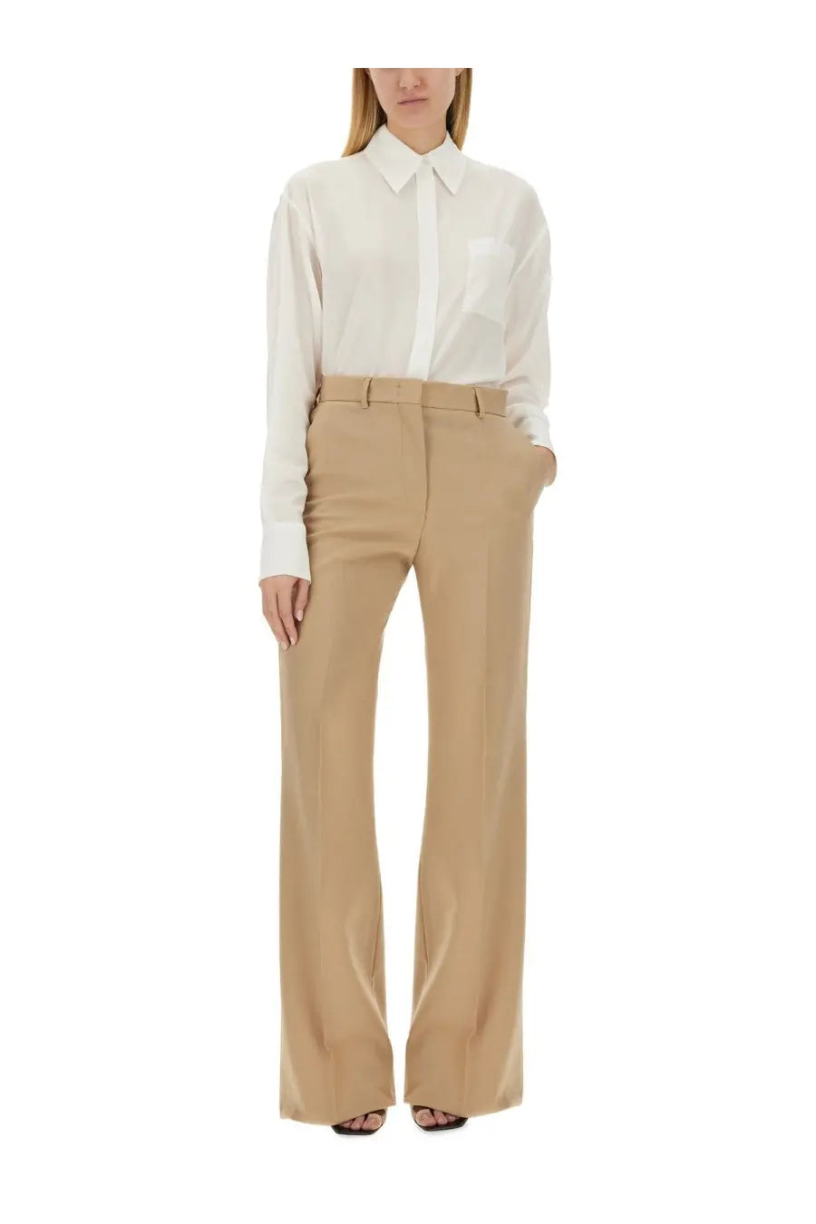 Beige wide-leg trousers with a sleek tailored fit and subtle creases paired with Sportmax women’s white Rovigo shirt
