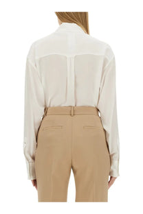 Sportmax women’s white shirt rovigo with a crisp white blouse featuring a subtle sheen and structured back panel shown from the back