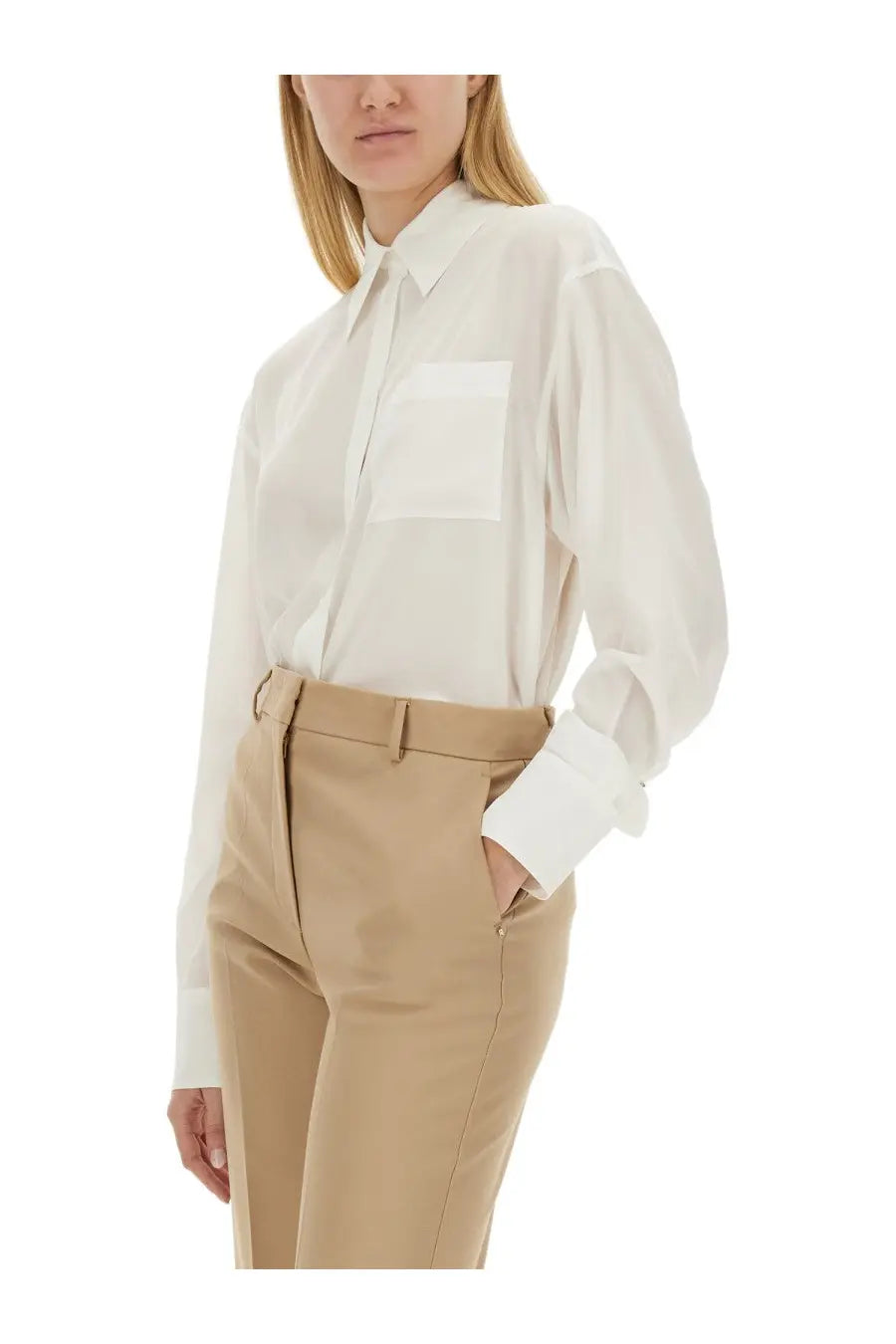 Sportmax women’s shirt Rovigo white crisp long-sleeved button-down with subtle sheen and single chest pocket