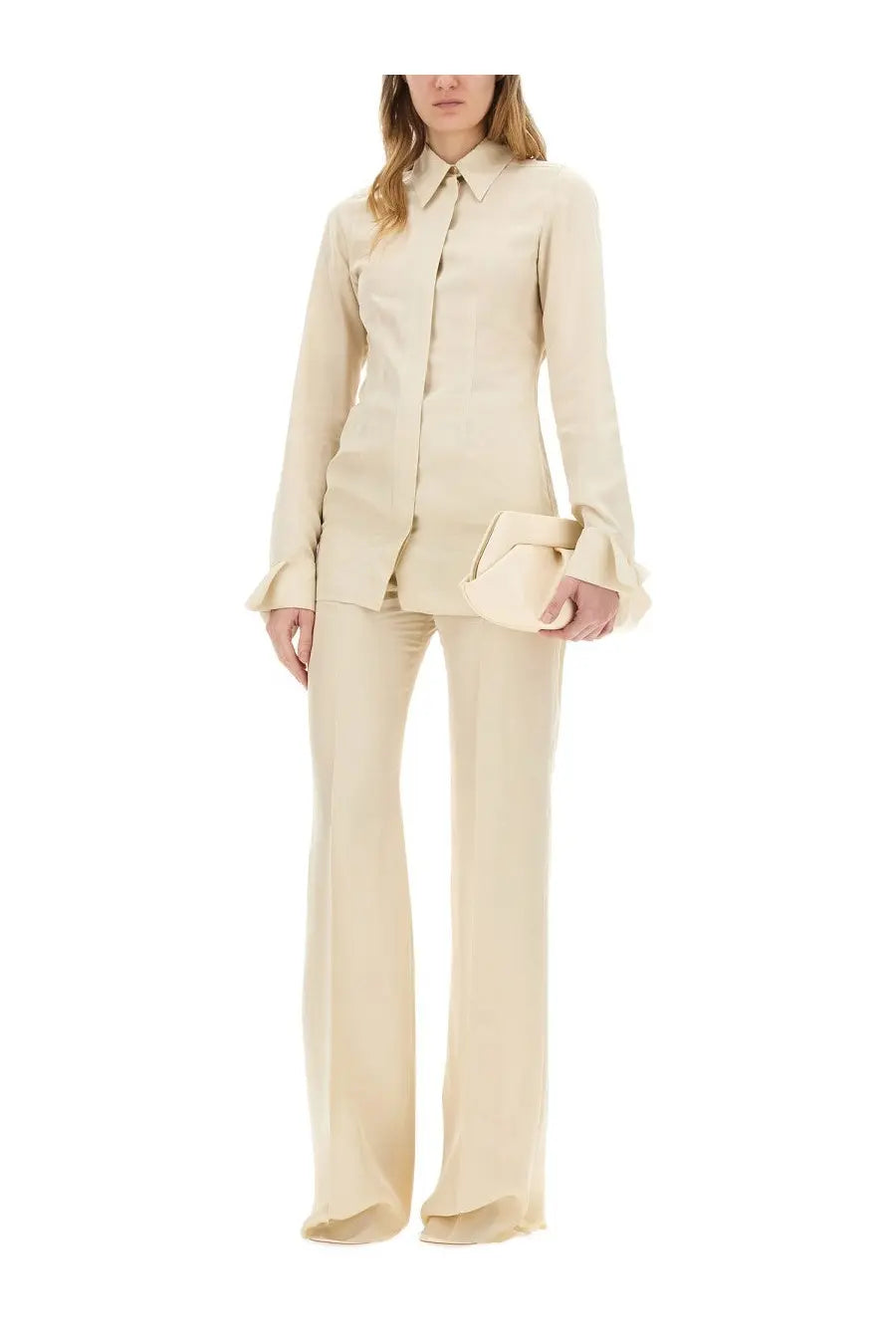 Sportmax women’s shirt theory12 beige cream-colored satin blouse with flared cuffs and matching wide-leg trousers