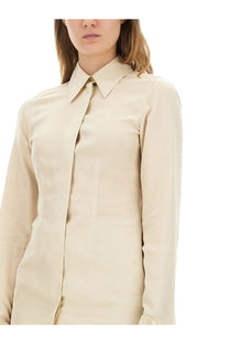 Sportmax women’s shirt theory12 beige satin button-down with classic collar and front pocket