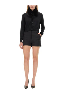Sportmax women’s black long-sleeved button-up top with plush fur collar for stylish cold weather wear