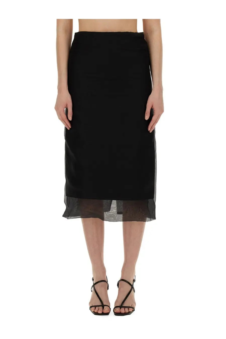 Sportmax women’s skirt aceti1234 black midi skirt with sheer overlay hem detail in lightweight fabric