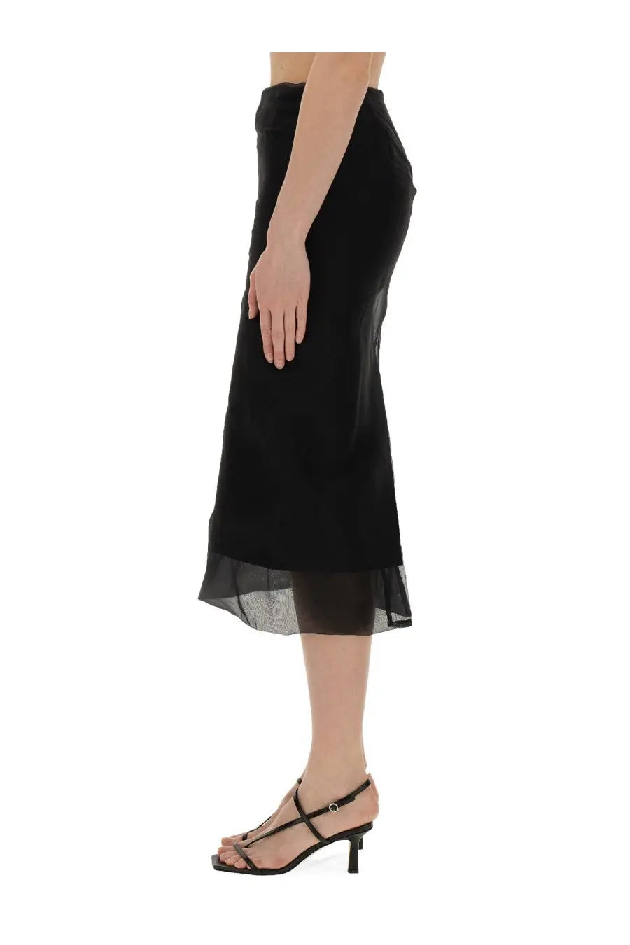 Sportmax women’s black velvet midi skirt with sheer lace hem offering elegant texture and feminine detail