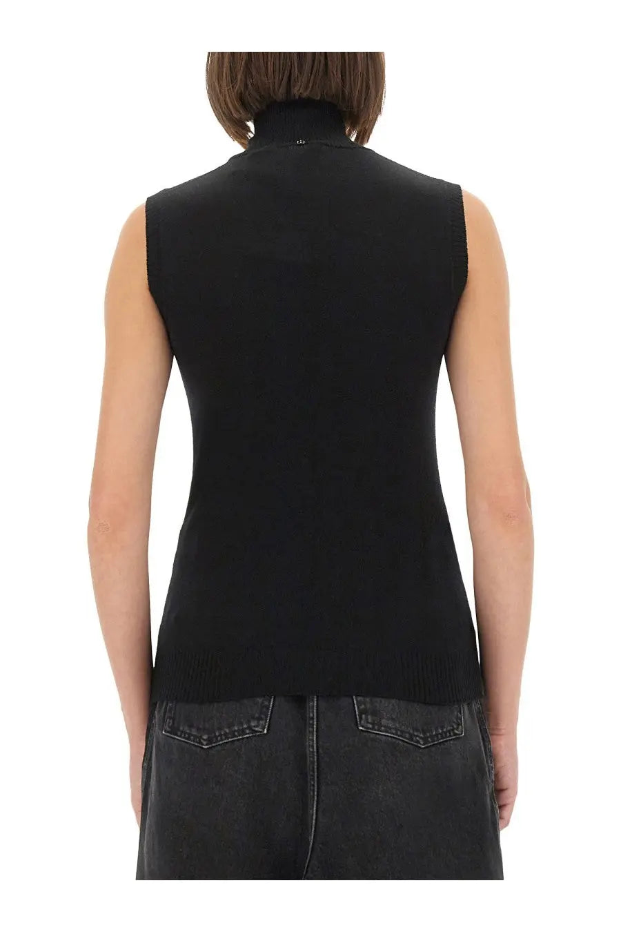 Sportmax women’s sleeveless vertigo jersey black knit top with high neckline and ribbed hem