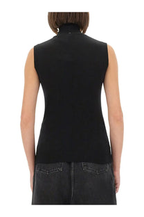 Sportmax women’s sleeveless vertigo jersey black knit top with high neckline and ribbed hem