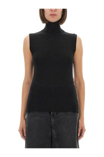 Sportmax women’s sleeveless black turtleneck knit top made of vertigo jersey fabric