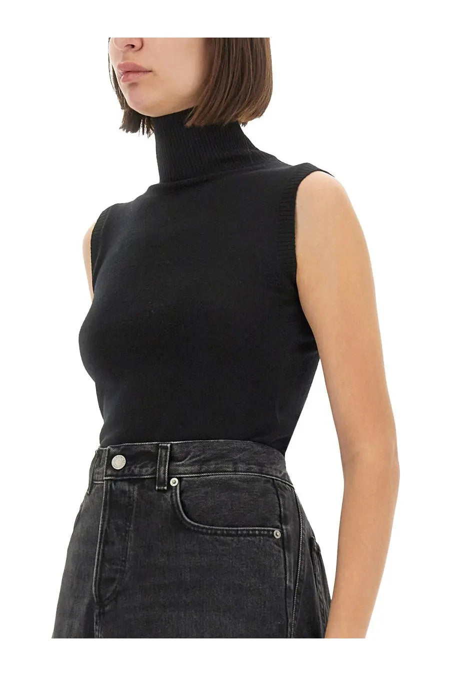 Sportmax women’s sleeveless vertigo jersey black ribbed knit sleeveless turtleneck top front view