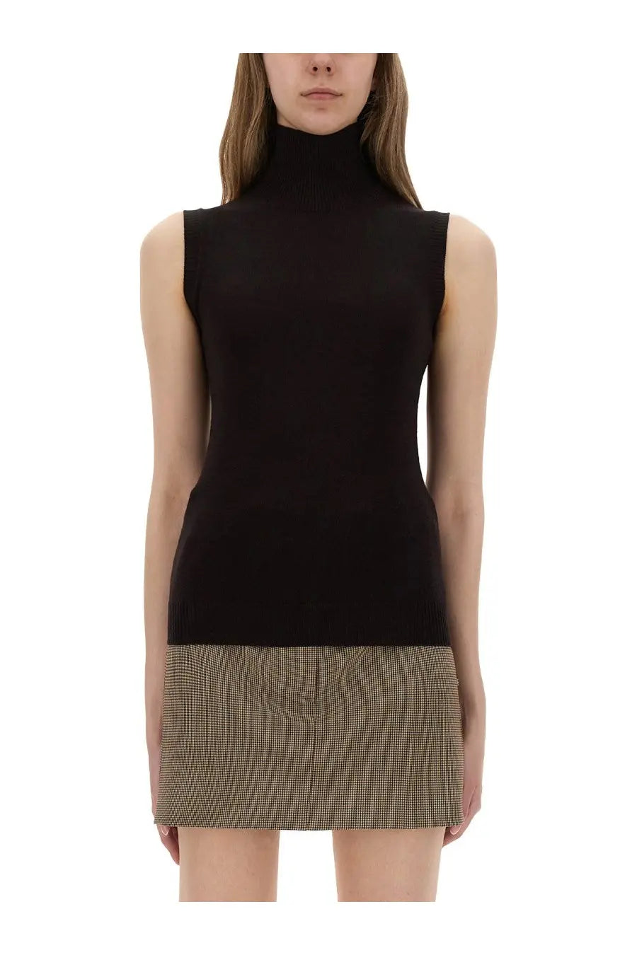 Sportmax women’s sleeveless vertigo jersey brown fitted sleeveless high neck top in black jersey material