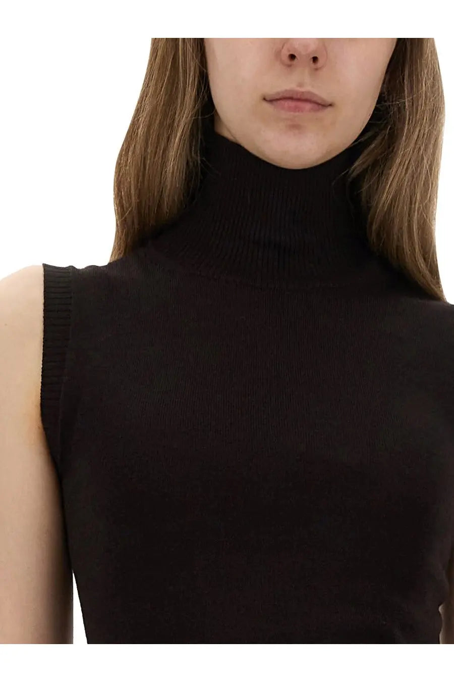 Sportmax women’s sleeveless black ribbed turtleneck top in jersey fabric with a vertigo design