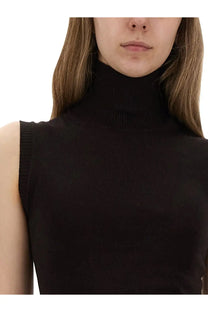 Sportmax women’s sleeveless black ribbed turtleneck top in jersey fabric with a vertigo design