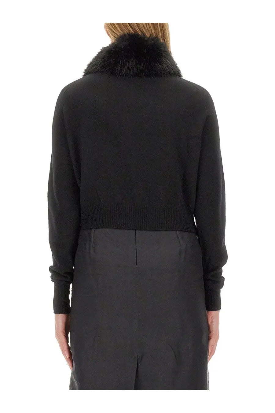 Sportmax women’s black cropped knit cardigan with a plush black fur collar for stylish layering