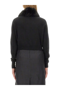 Sportmax women’s black cropped knit cardigan with a plush black fur collar for stylish layering