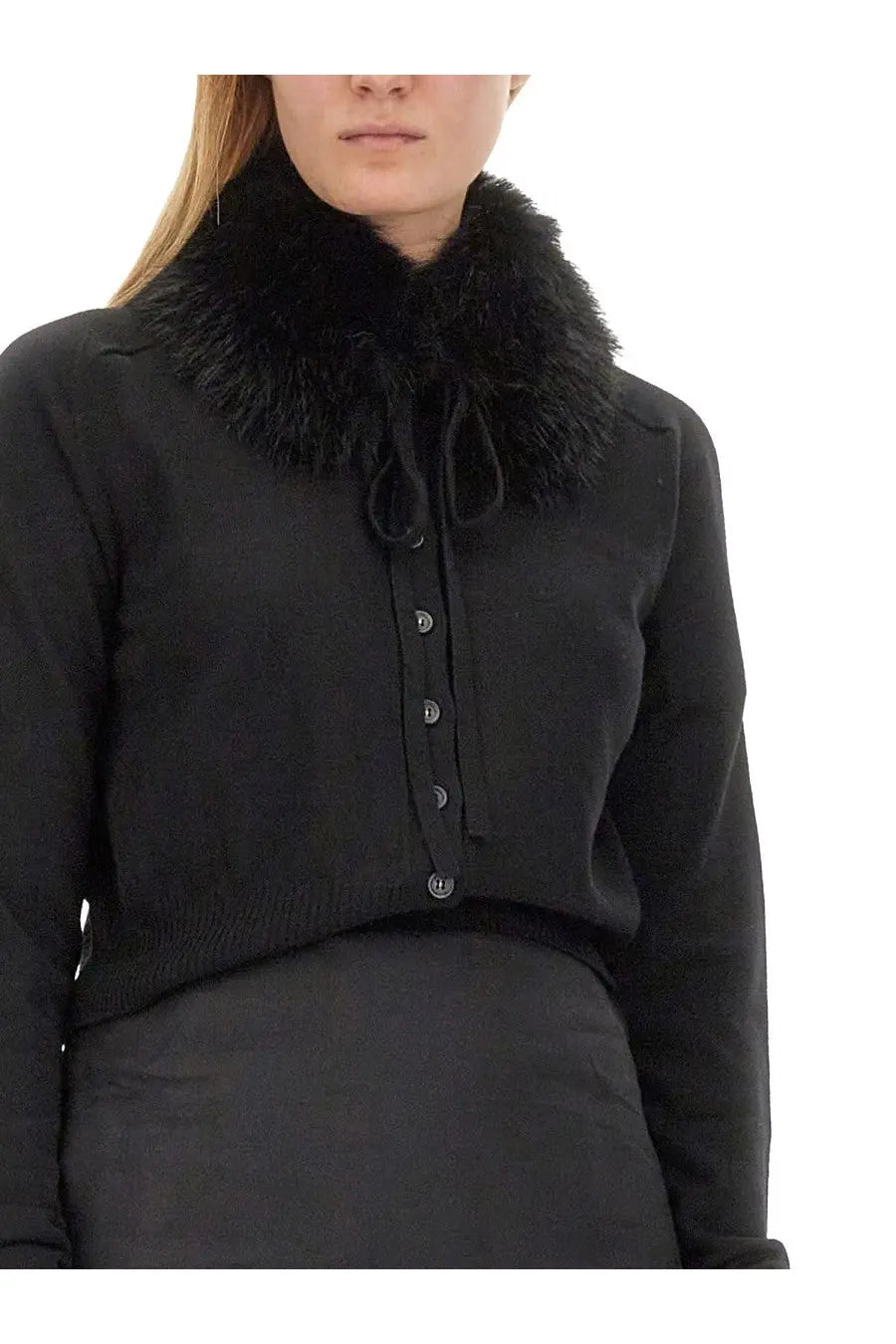 Sportmax women’s black knit cardigan with plush faux fur collar and silver buttons for stylish warmth