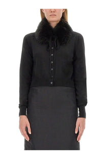 Sportmax women’s black knit cardigan with plush fur collar and button closure ideal for stylish layering