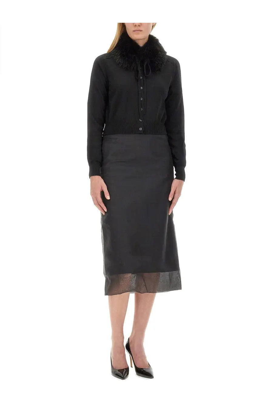 Sportmax women’s black knit cardigan with plush fur collar and button front paired with matching skirt with sheer hem
