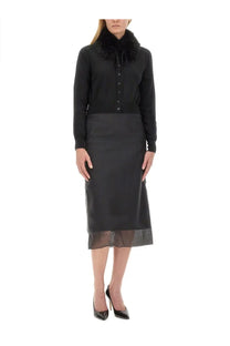 Sportmax women’s black knit cardigan with plush fur collar and button front paired with matching skirt with sheer hem