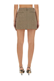 Sportmax women’s throttle skirt in beige tailored mini with brown and beige houndstooth pattern and structured waistband