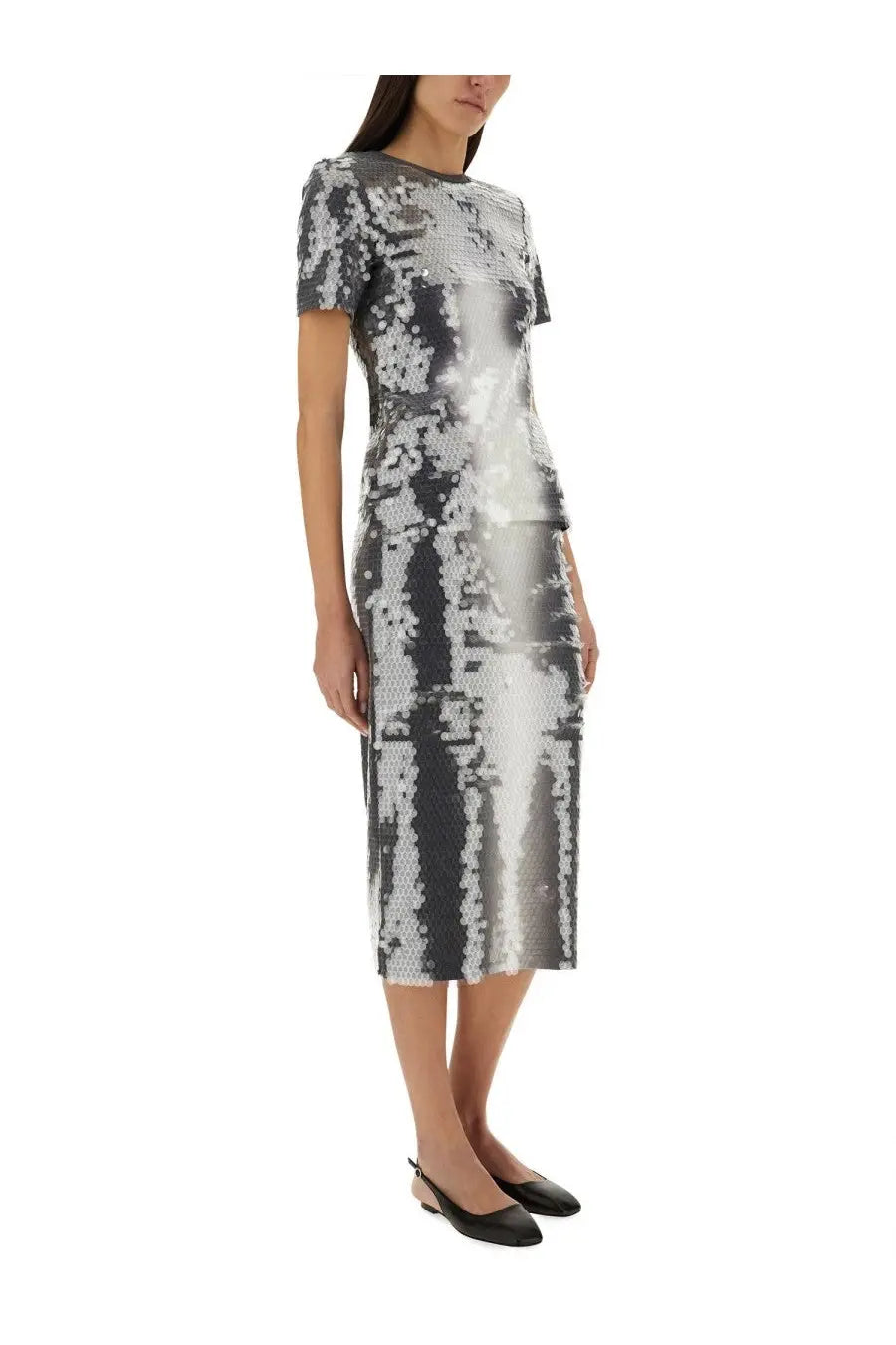 Sportmax women’s toano knee-length black sequined dress with a shimmering silver high-contrast pattern
