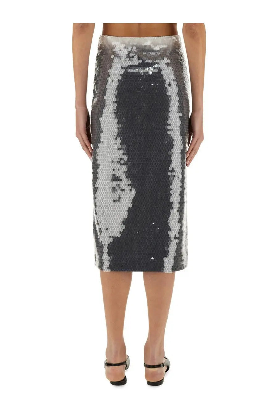 Sportmax women’s Toano sequined black pencil skirt with knee-length fit and silver dark gray abstract design