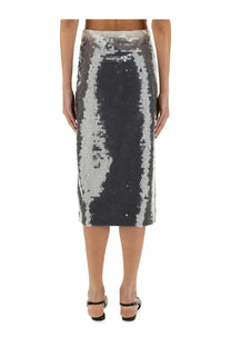 Sportmax women’s Toano sequined black pencil skirt with knee-length fit and silver dark gray abstract design