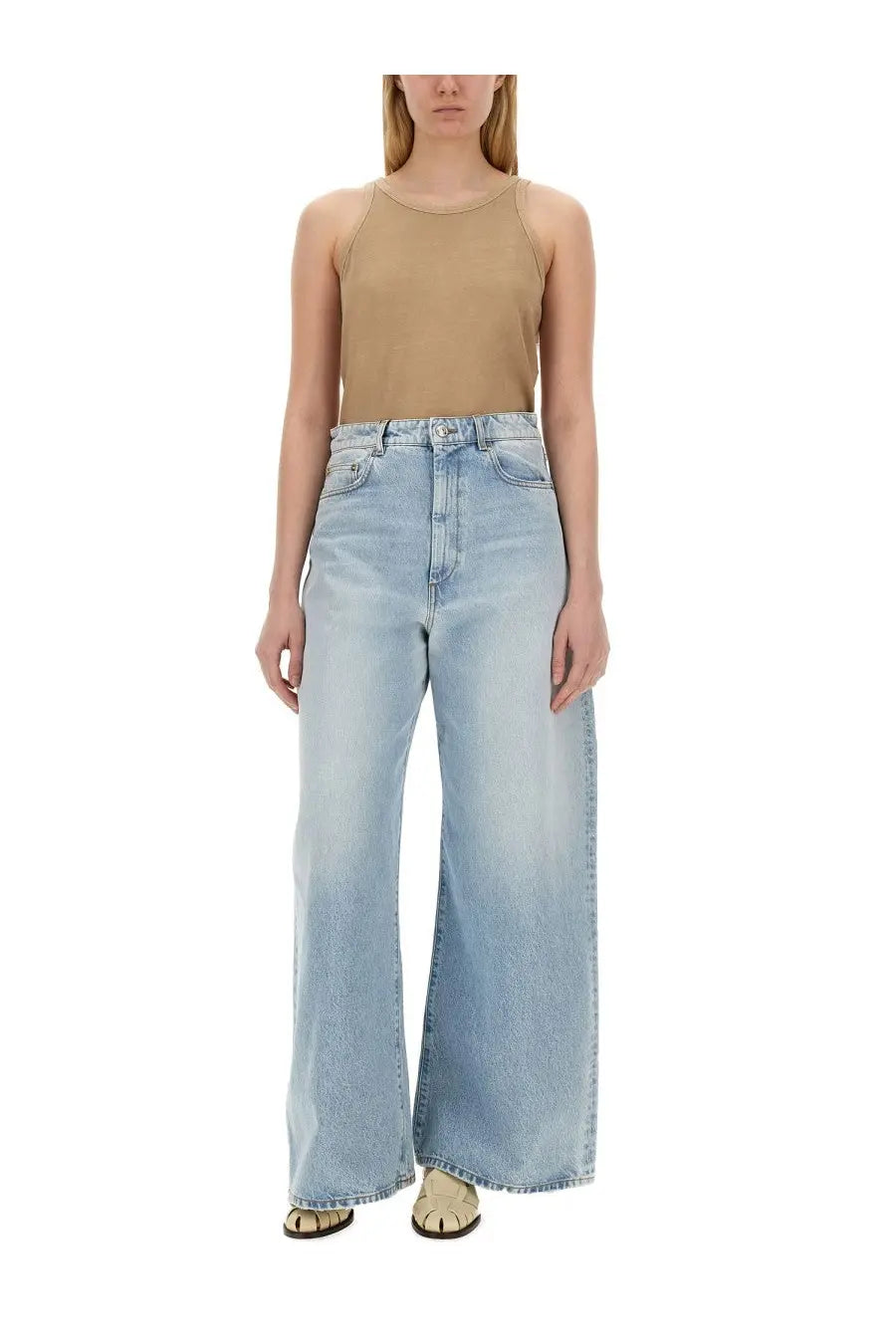 Sportmax women’s light-wash denim high-rise wide-leg jeans with classic five-pocket design and frayed hems