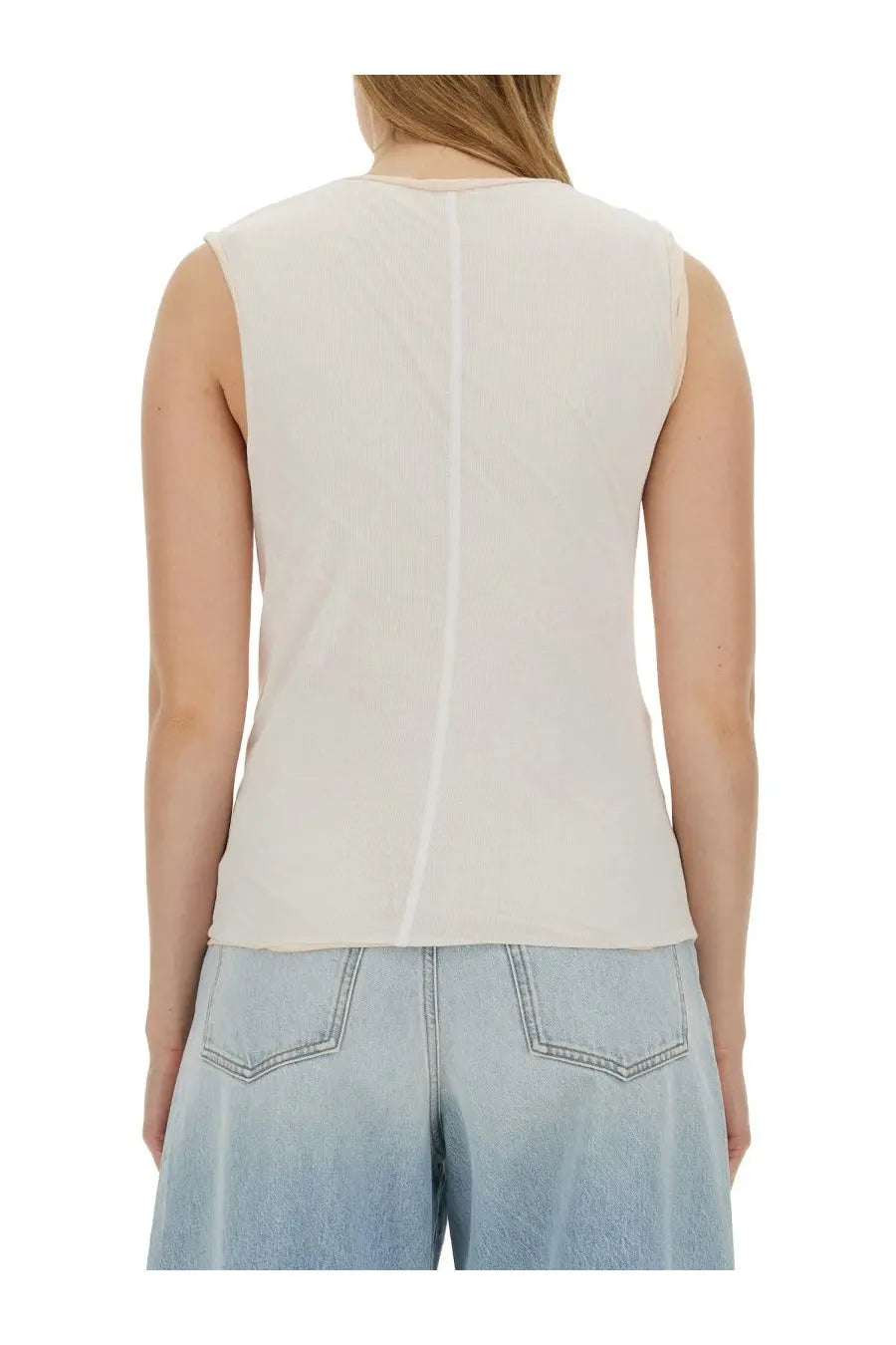 Back view of sportmax women’s cream sleeveless top eolo white with subtle vertical seam down the back