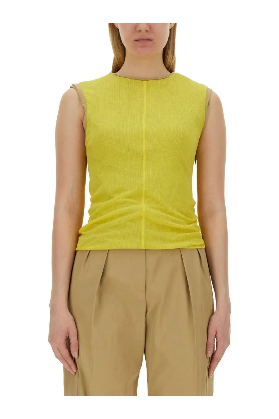 Sportmax women’s bright yellow sleeveless top with subtle ribbed texture and central front seam