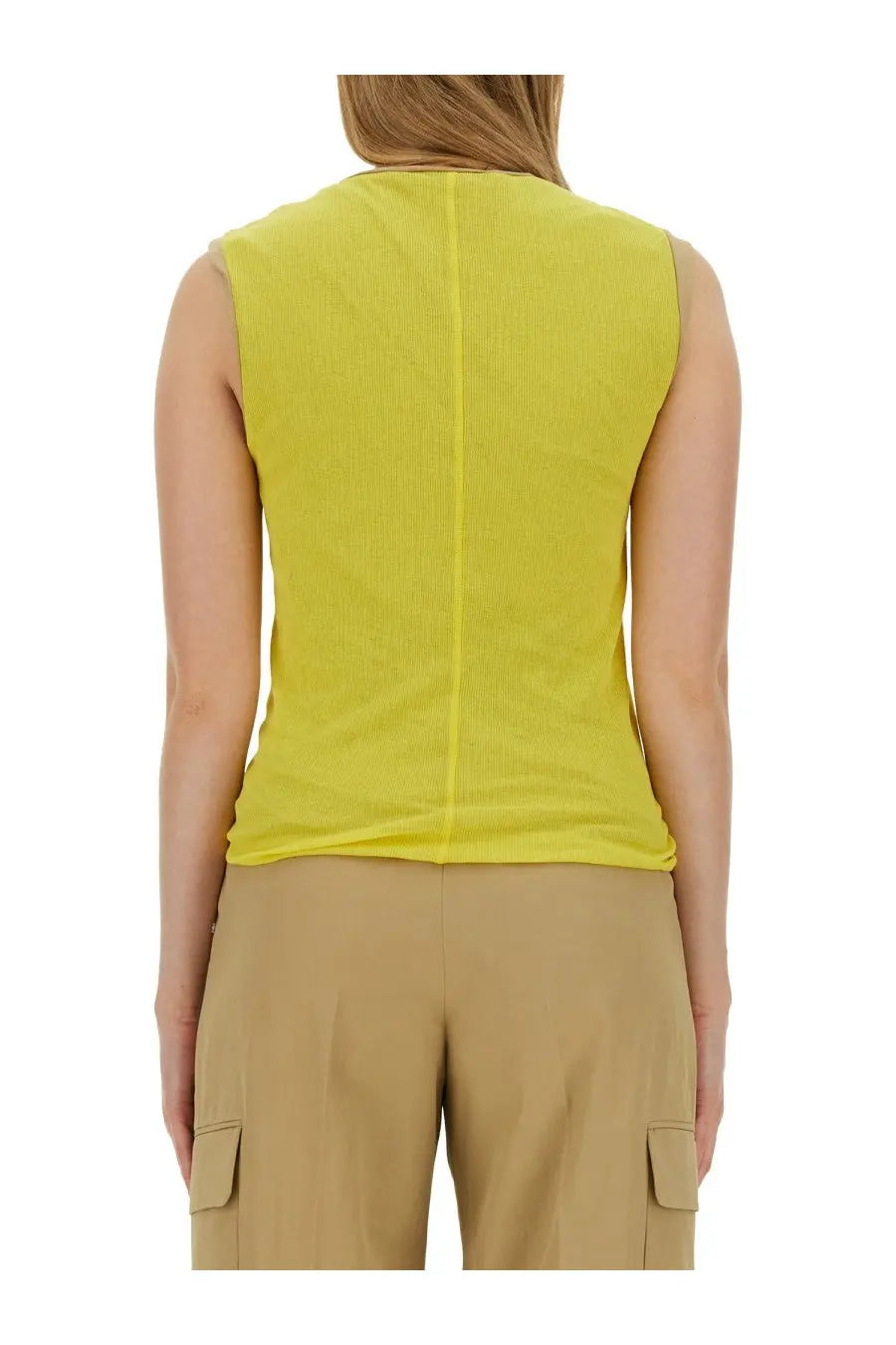Sportmax women’s yellow ribbed sleeveless top shown from the back with a central seam down the back