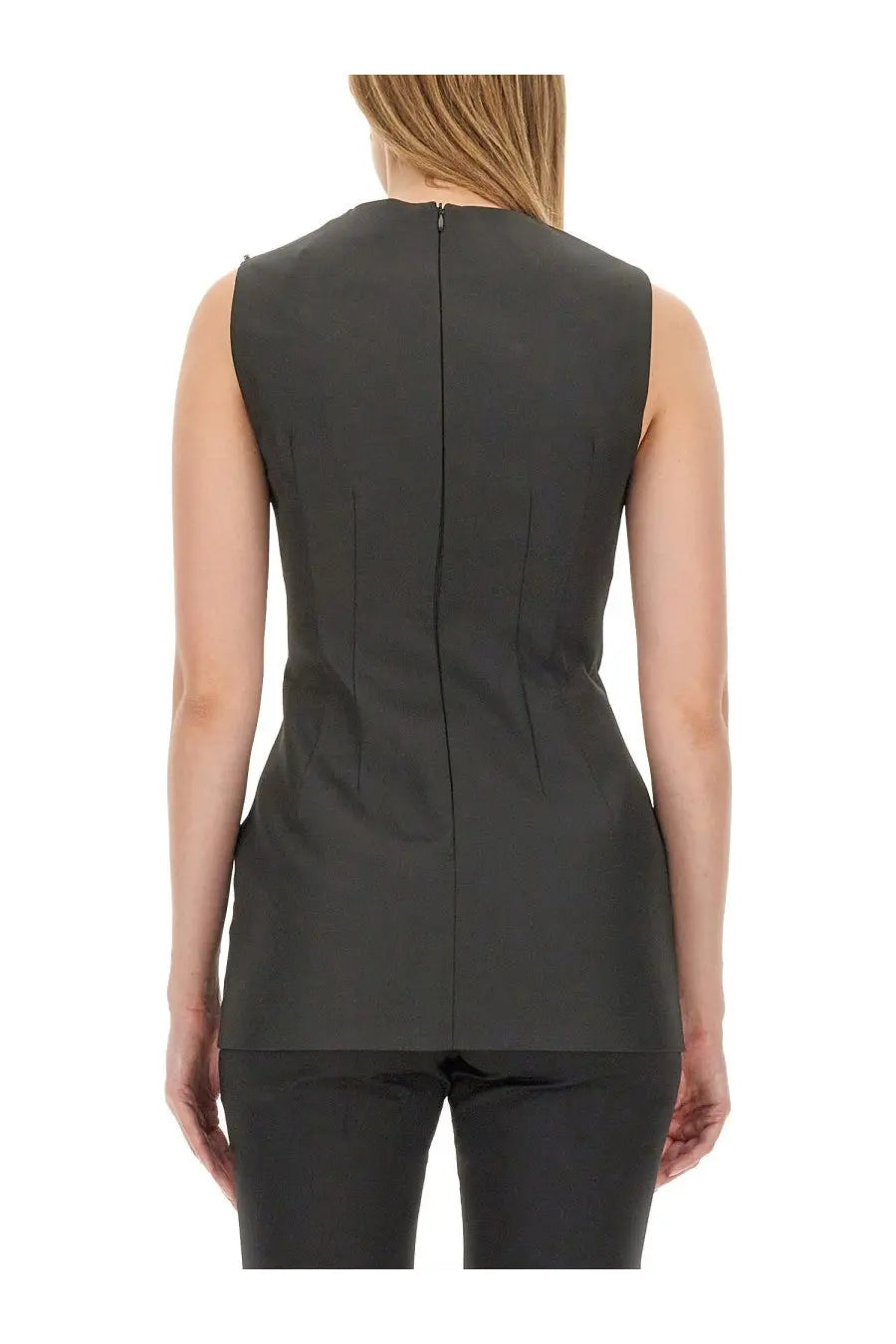 Sportmax women’s sleeveless black top with central back zipper and subtle vertical pleats shown from the back