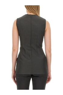 Sportmax women’s sleeveless black top with central back zipper and subtle vertical pleats shown from the back