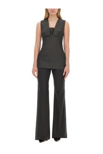 Sportmax women’s sleeveless black structured top with square neckline and ruched detailing paired with wide-leg trousers