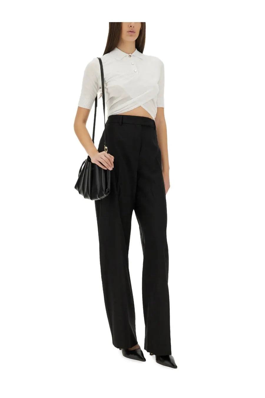 Black quilted leather mini bag with slender shoulder strap complementing sportmax women’s top shaker white