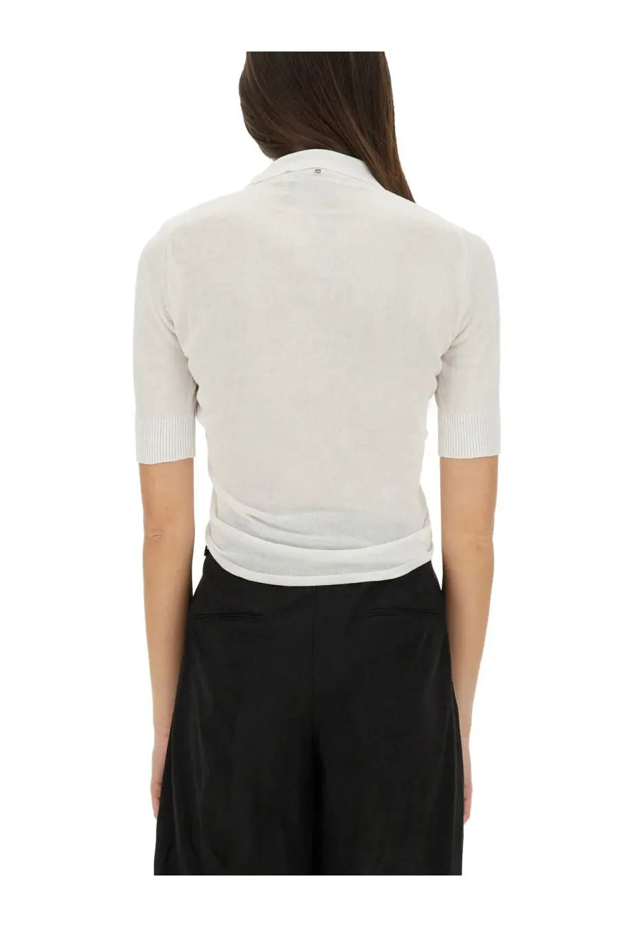 Sportmax women’s white short-sleeved knit top with collar and ribbed cuffs perfect for casual wear