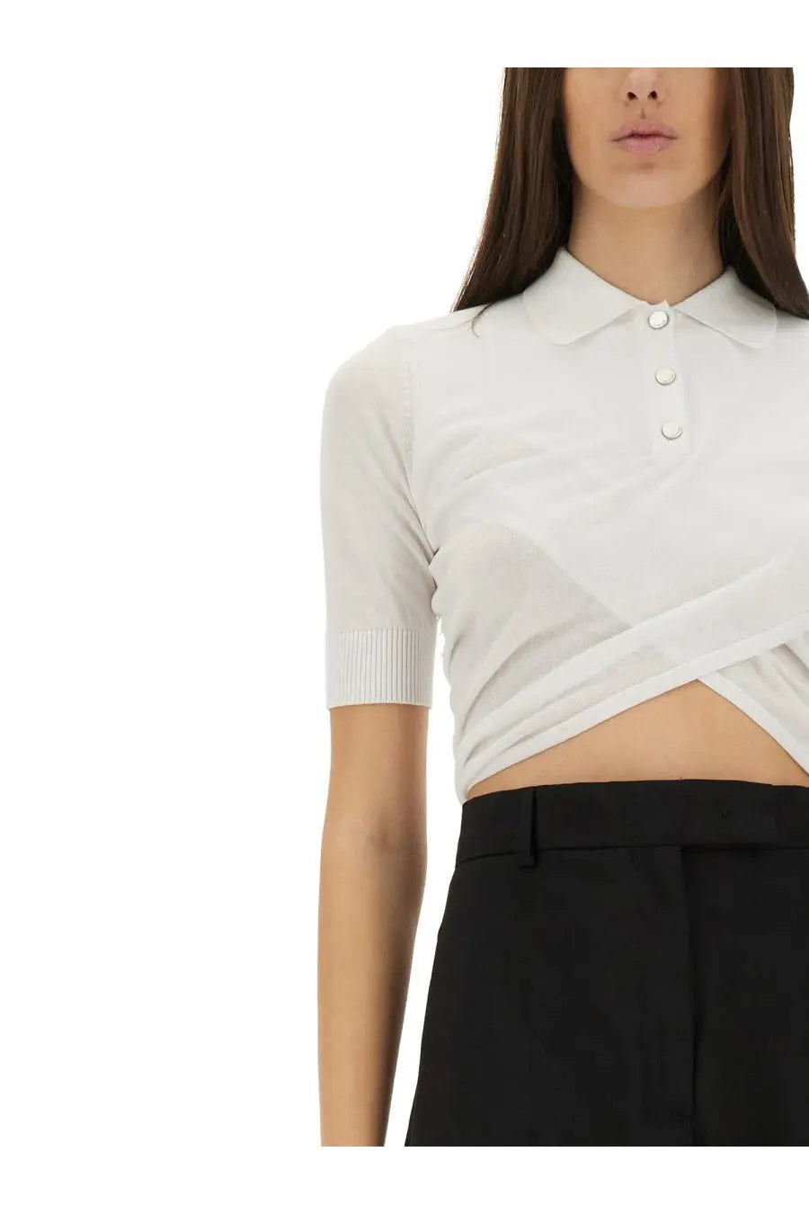 Sportmax women’s white knit polo top with crossed front design and ribbed cuffs short sleeves
