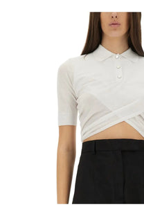 Sportmax women’s white knit polo top with crossed front design and ribbed cuffs short sleeves