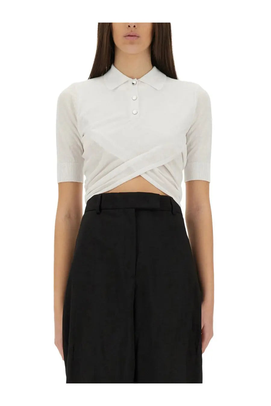 Sportmax women’s white short-sleeved knit polo shirt with twisted front design and three silver buttons