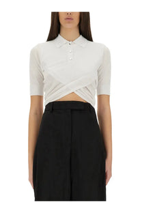 Sportmax women’s white short-sleeved knit polo shirt with twisted front design and three silver buttons