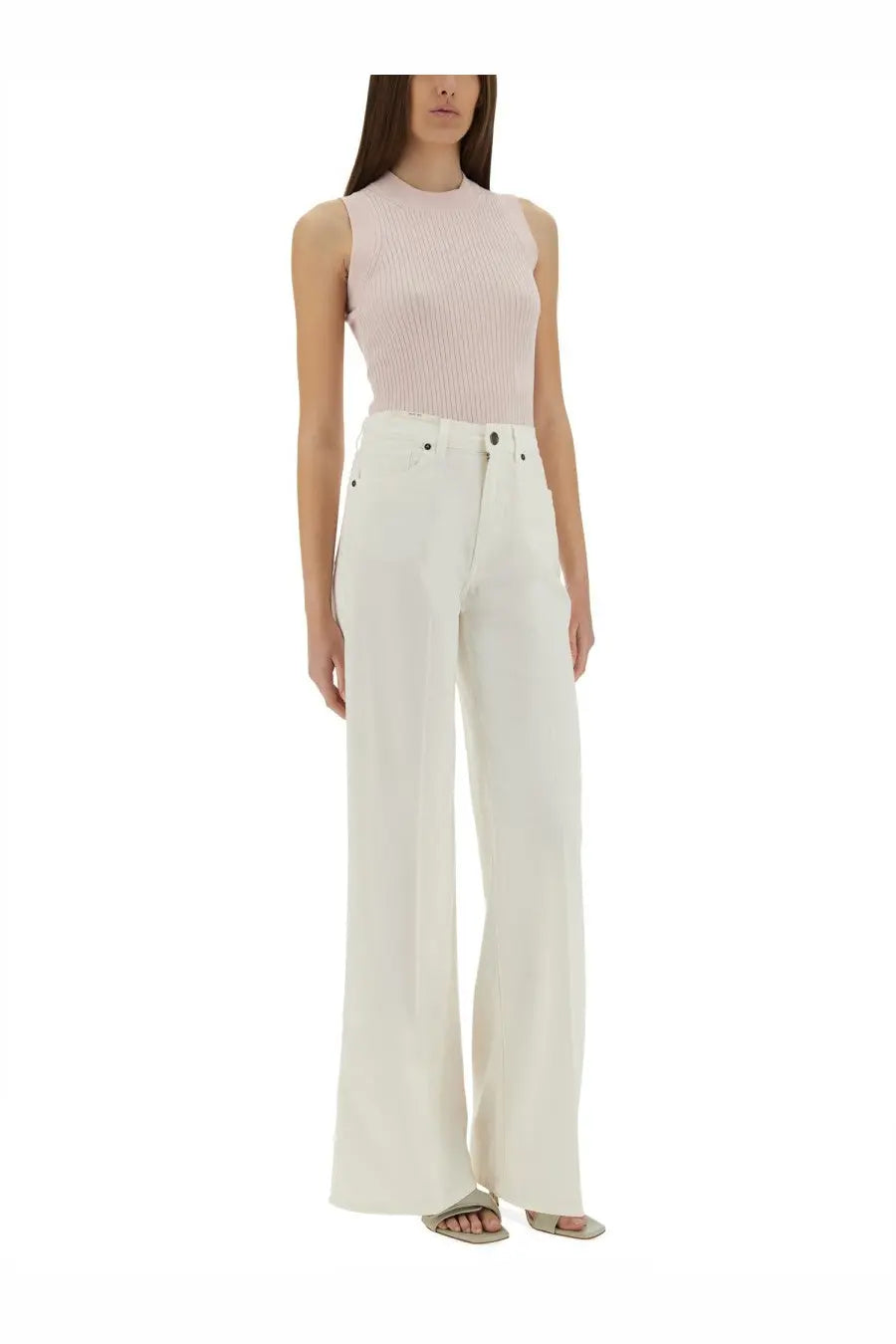 Sportmax women’s white high-waisted wide-leg trousers with denim-style button closure and straight-cut silhouette